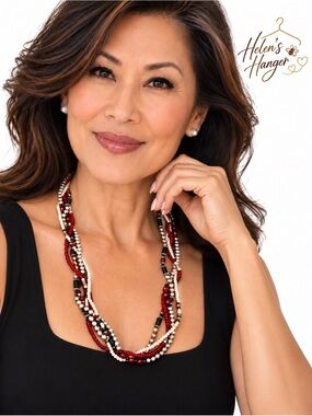 Handmade Multi Strand Beaded Statement Necklace Red Cream Silver
